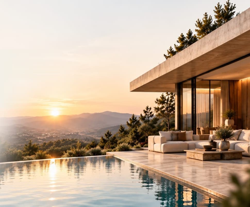 A villa on a wooded hillside at sunrise, the sun low over distant ranges and its light running down an infinity pool in the foreground, with a deep stone roof cantilevered over a terrace of pale paving, a low linen sofa, and a valley falling away below.