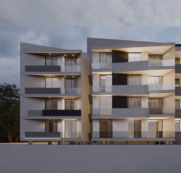 The V4 elevation in white render, each floor set back behind a deep balcony.